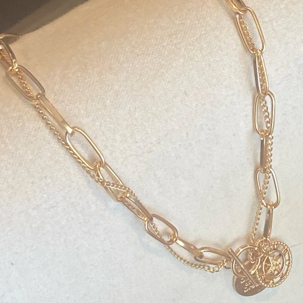 Golden Layered Paperclip Chain, Toggle Clasp, Compass Pendant, Engraved Quote!